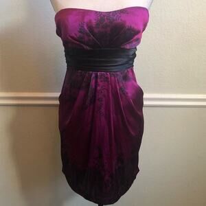 Pink and Black Floral Mini Strapless Dress with Black Sash Tie Bow Small